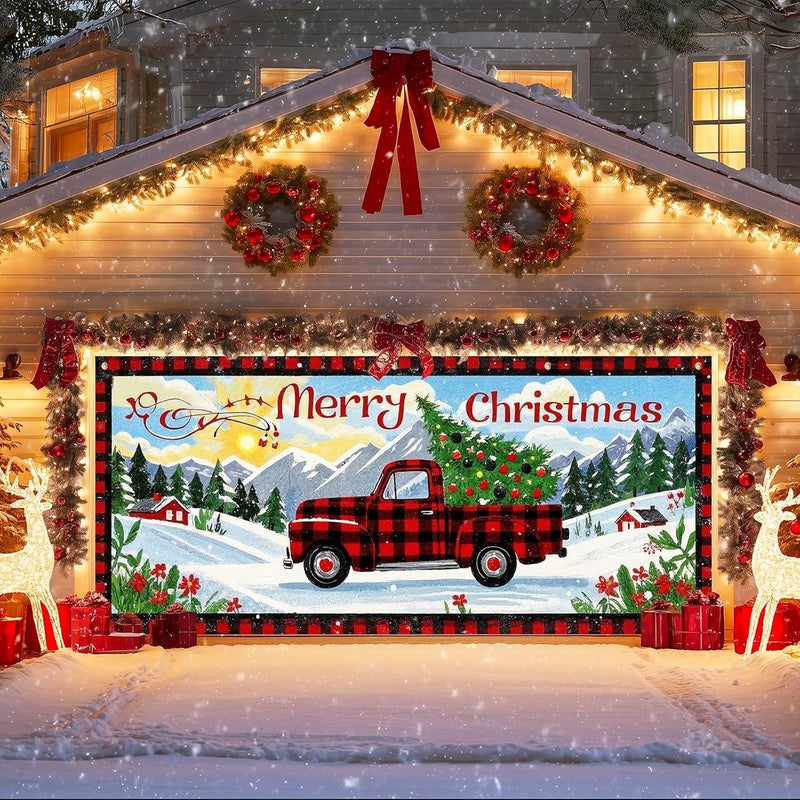 IVN Christmas Garage door banner Red Plaid Truck Christmas Tree Winter Mountain Scene Door Cover Indoor And Outdoor Studio Background Hanging Decoration 13x6ft - Image 1